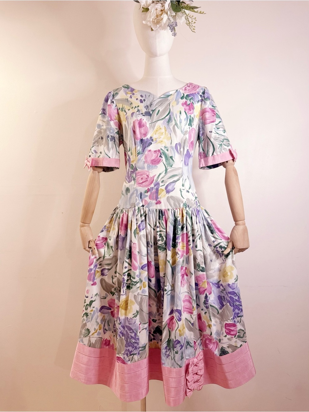 💐Vintage Misty Lane Watercolor Floral Midi Dress – Pink Bow Details🎀